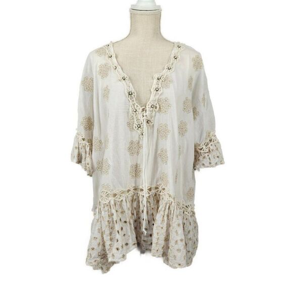 Ranees Womens Peasant Blouse Sz M Tunic Boho Cottage Beige Gold Embroidery Beads - Picture 1 of 7